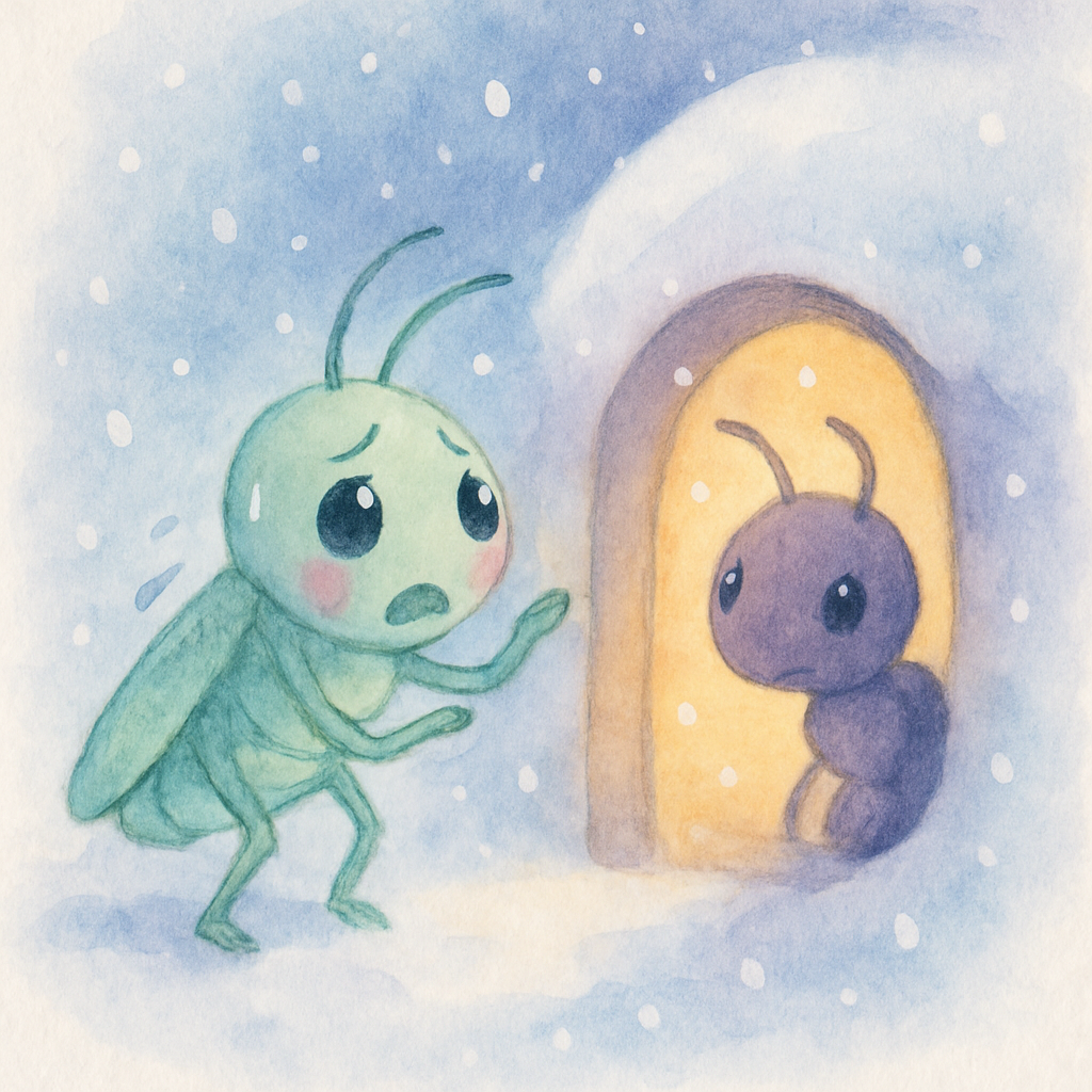 베짱이가 개미 집 문을 두드리며 도움을 청하는 장면